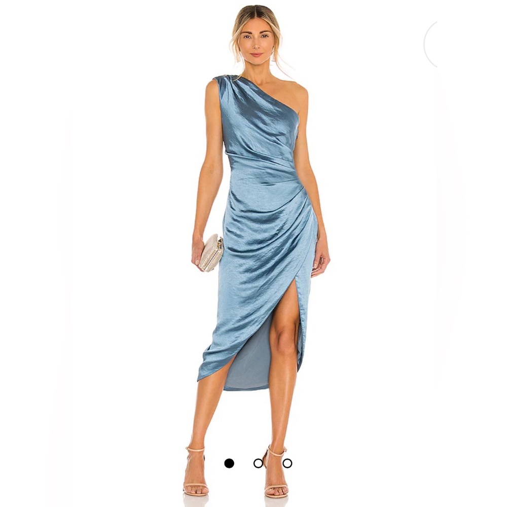 Elliatt One-Shoulder Satin Dress in Steel Blue